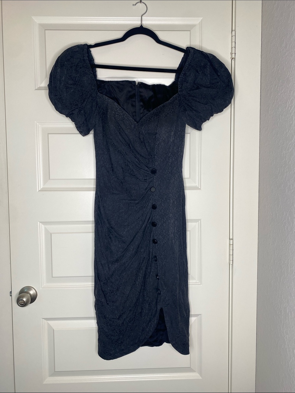 Vintage Black Puff-Sleeve Silk Ruched Midi Dress